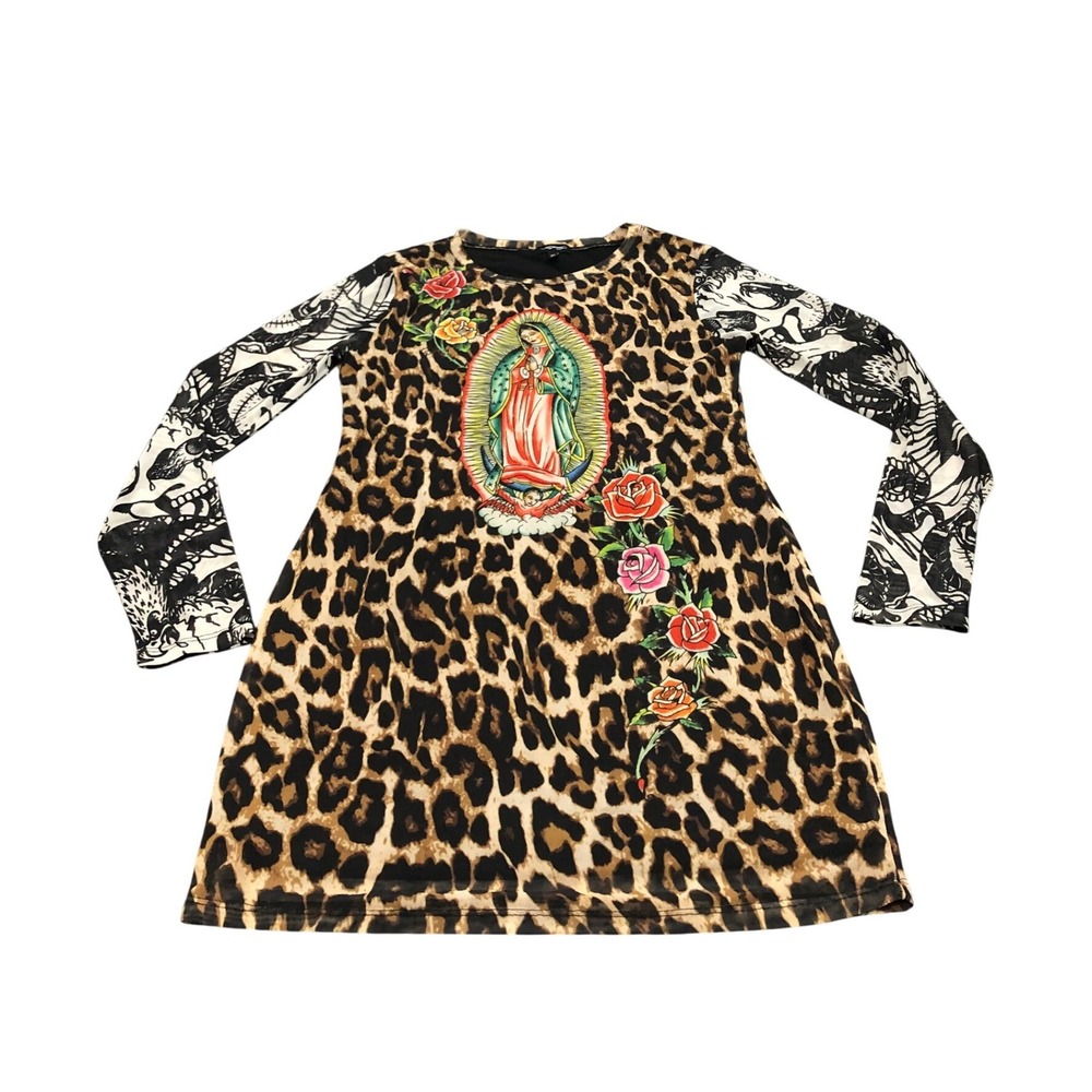 Ed Hardy Dress Womens XL Brown Leopard Virgin Mary Skull Tattoo Print Mesh Mini